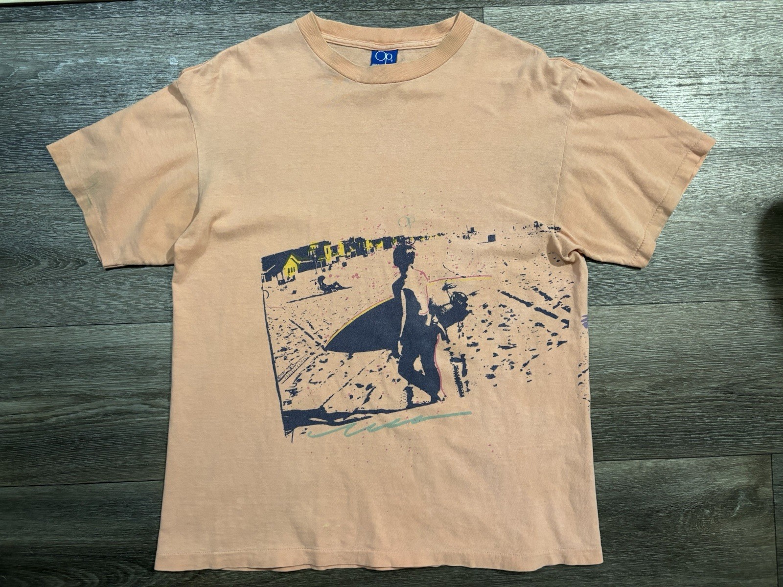 Vintage OP Shirt Large 80s Ocean Pacific Surf Art Tee Single Stitch Salmon Pink