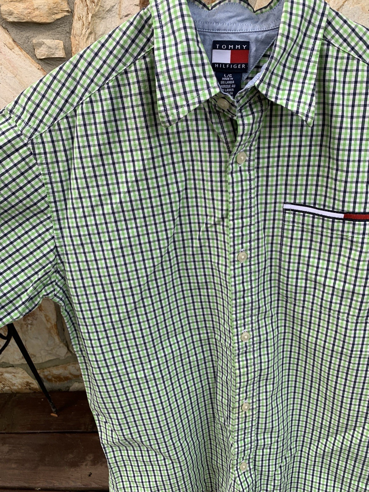 Tommy Hilfiger Short Sleeve Shirt Gingham Green Button Flag Logo Stripe Mens Lg gallery