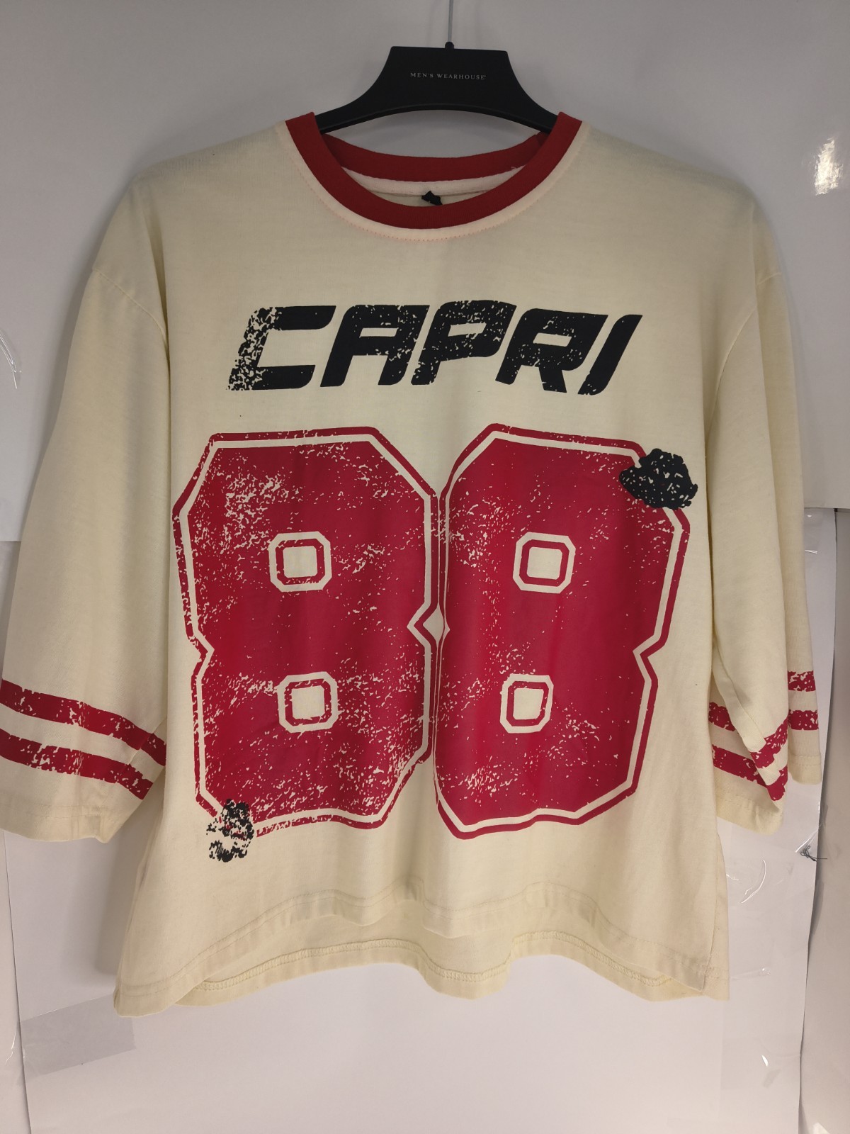 Vintage Capri 88 Graphic T Shirt Womens L Cropped Cream Red Ringer Tee Distresse