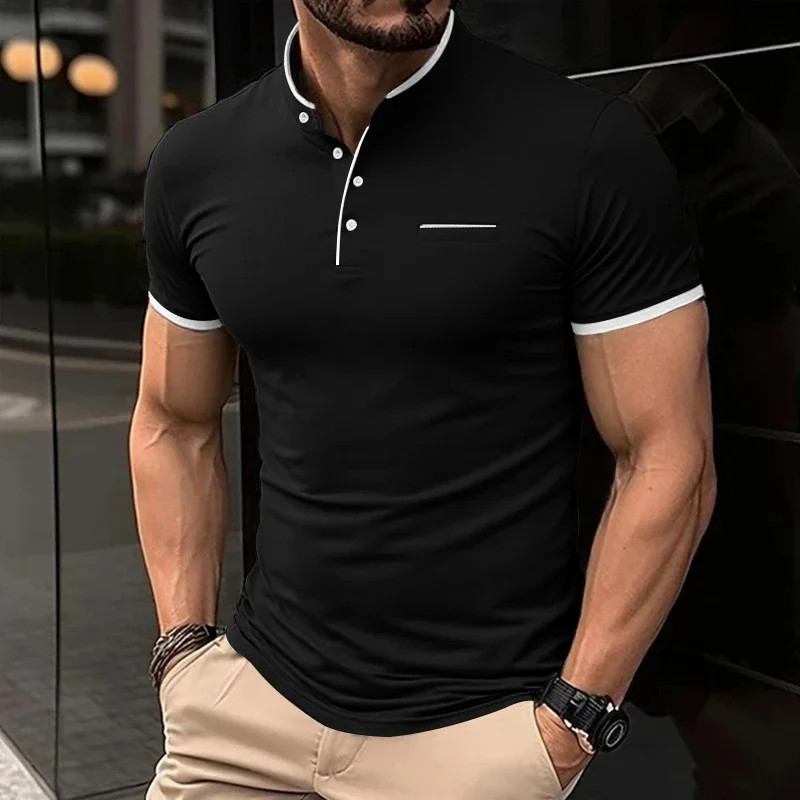 2025 New Men's Casual and Fashionable Solid Color Short Sleeved Stand Up Collar gallery