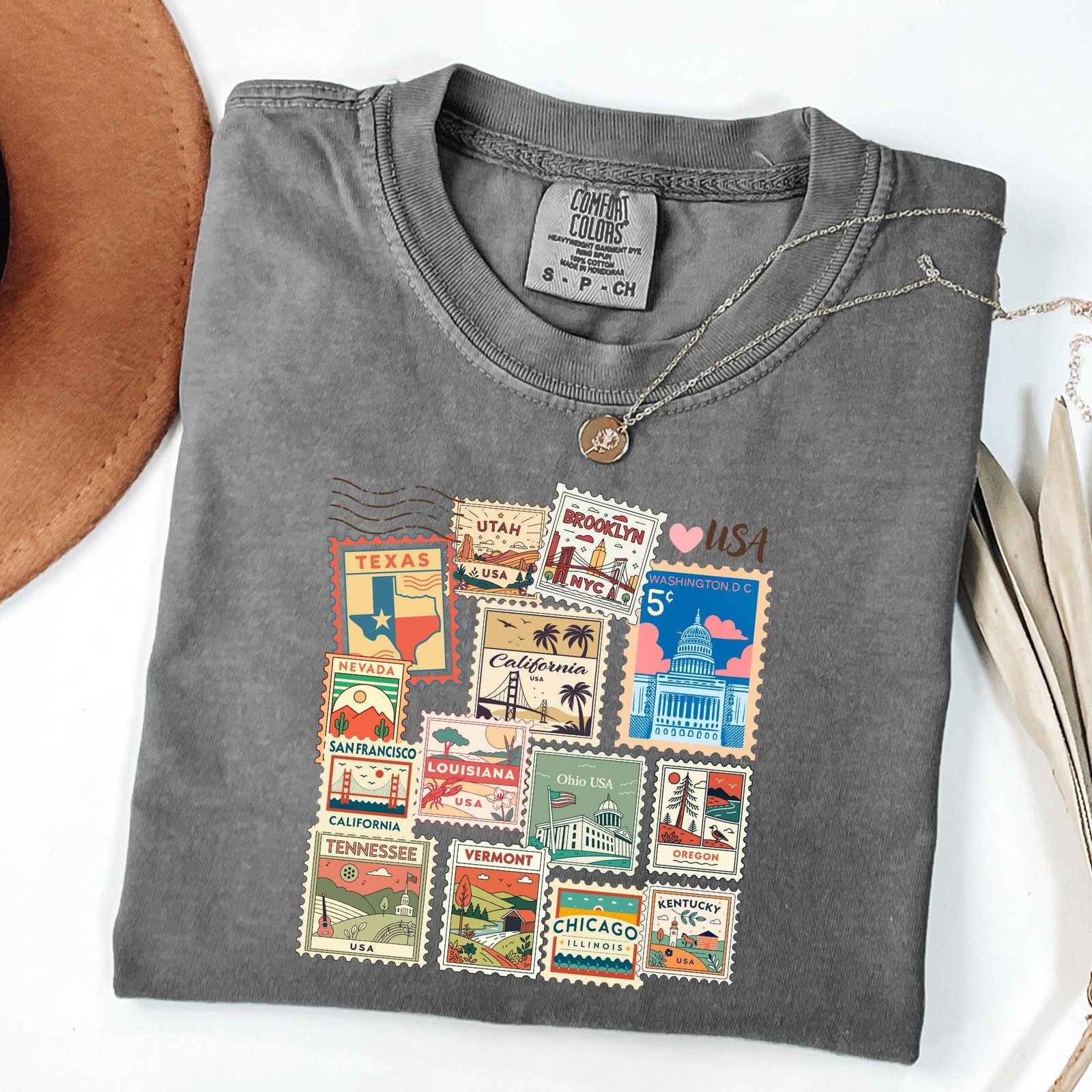 Comfort Colors USA Stamp T-Shirt Retro Travel Graphic Tee gallery