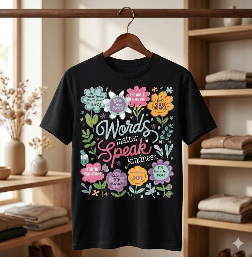 Words Matter Be Kind Inspirational Floral Graphic Tee