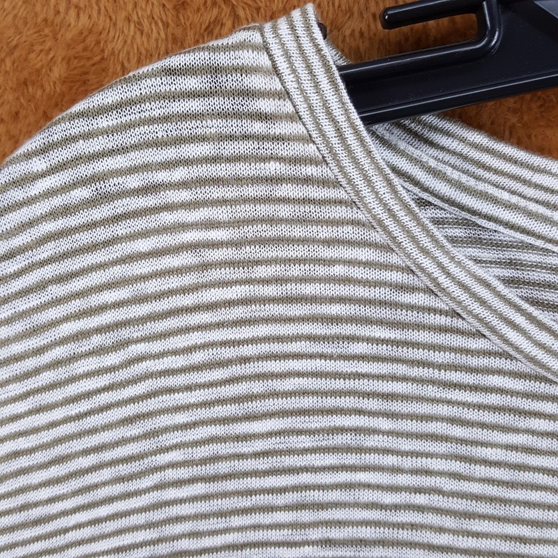 BLOOMINGDALES Shirt Mens Large Green White Stripe Pullover Crew 100% Linen gallery