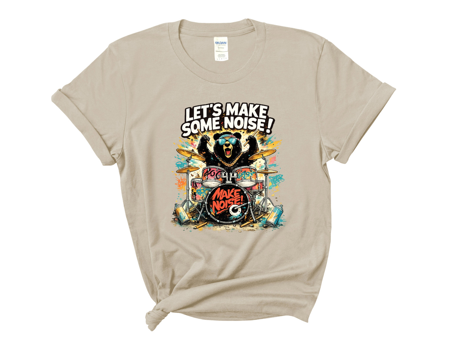 Funny Drummer Bear T-Shirt Let's Make Some Noise Music Band Graphic Tee gallery