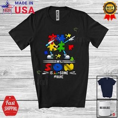 Custom Name My Son Is Awesome Autism; Autism Awareness Puzzle Dabbing T-Shirt