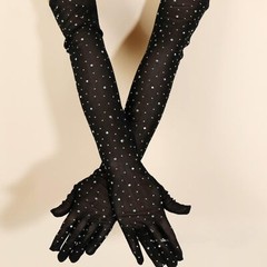 Rhinestone Fishnet Gloves Glitter Sparkle Long Mesh Arm Sleeves for Party