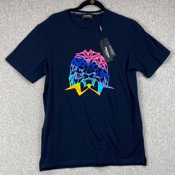 Maceoo navy t-shirt lion logo mens L multicolor embroidered neon gallery