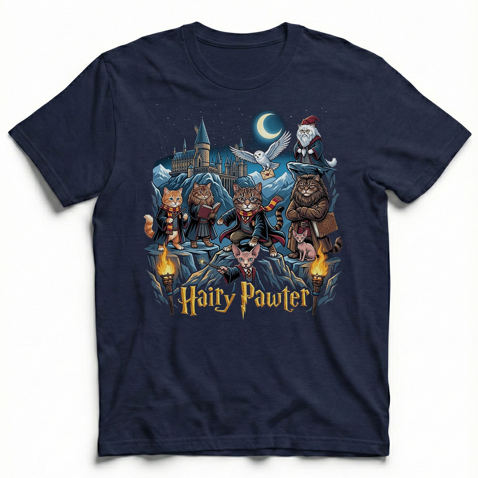 Hairy Pawter Wizard Magic Cat t-shirt Hogwarts Castle Kitten Owl Fantasy tee