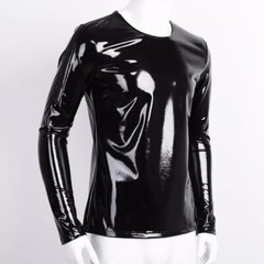Mens Glossy PVC Leather T-Shirts Long Sleeve Shiny Wetlook Latex Tops Slim Tees