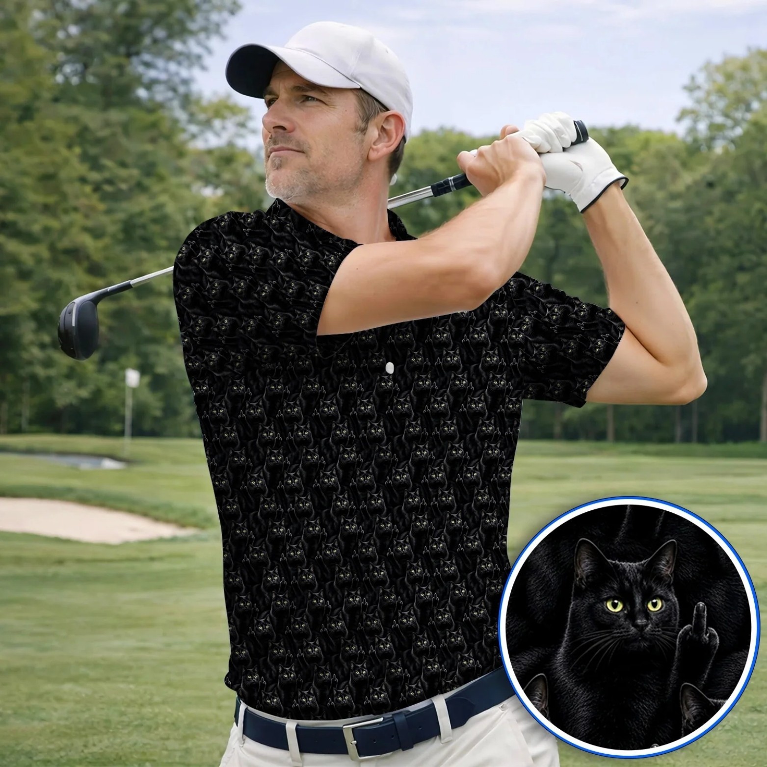 Black Cat Golf Polo Shirt Men Funny Rude Middle Finger Cat Dad Gift (S-5XL) gallery