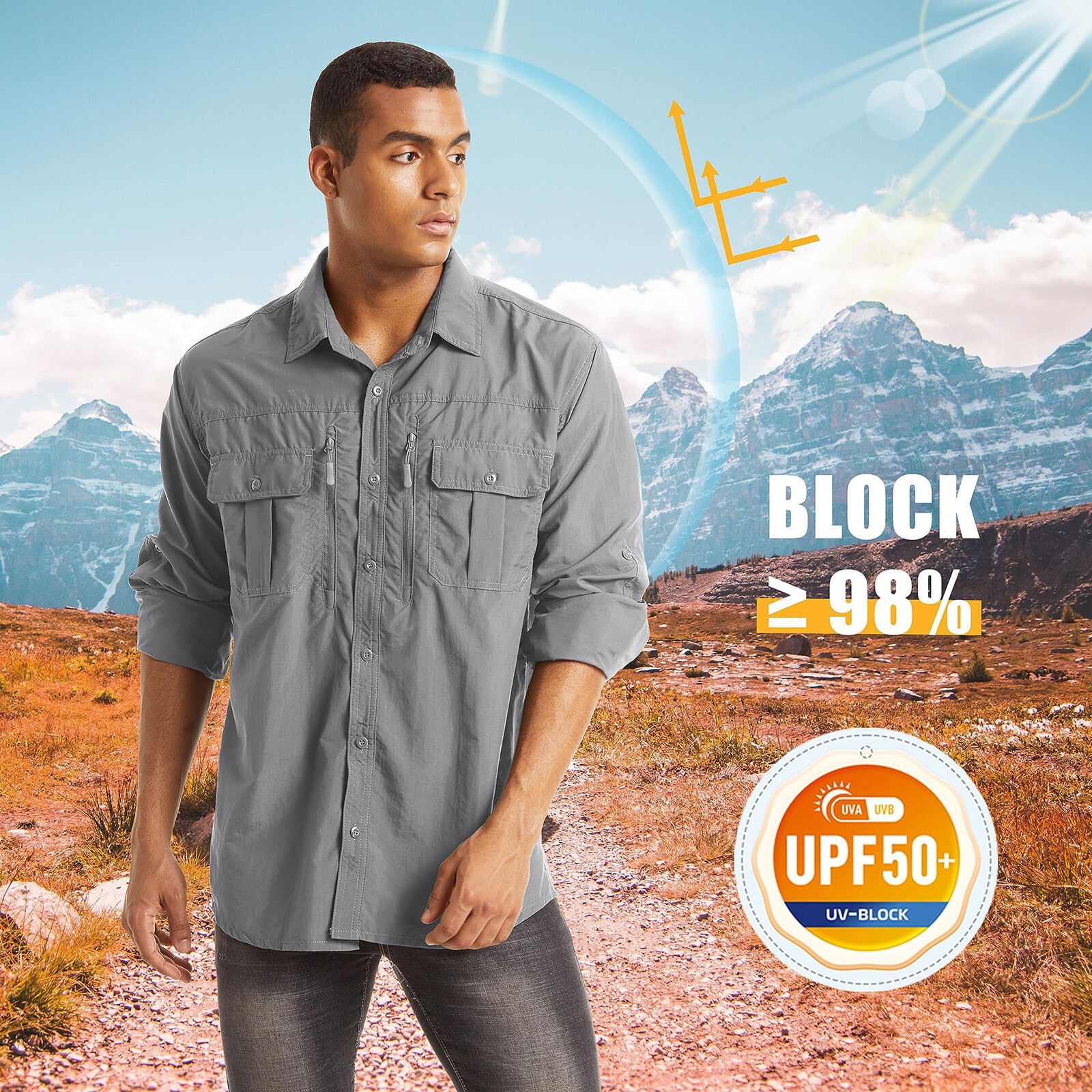 UPF 50+ Mens Quick Dry UV Protection Shirts Long Sleeve Hiking Fishing Work Tops gallery