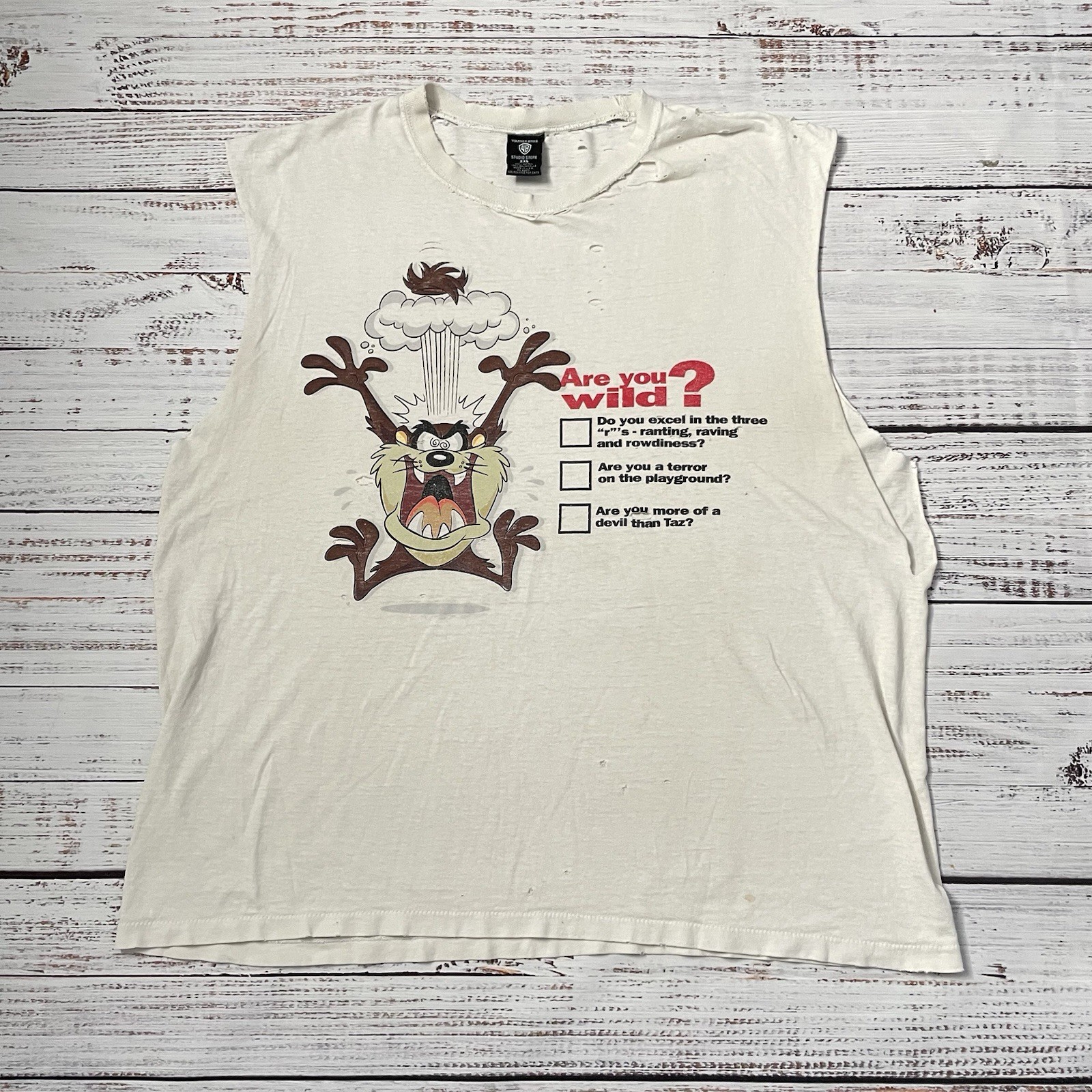 Vintage 90s Taz Looney Tunes Distressed Worn Faded Cut Off White Shirt Adult 2XL