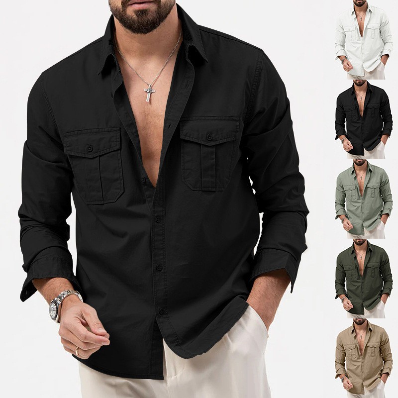 Men's Cargo Shirt Casual Slim Shirts Long Sleeve Button Down Tops Blouse gallery