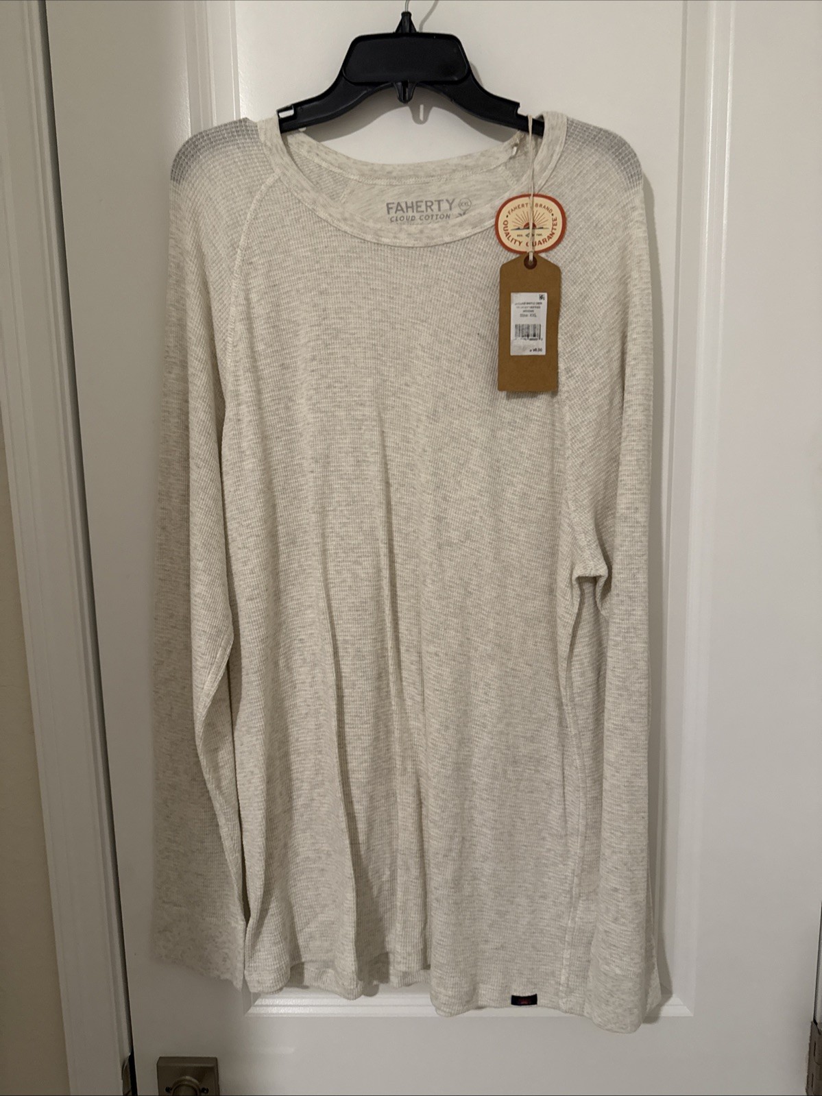 Faherty Men’s Long Sleeve Cloud Waffle Crew, Ivory Heather, XXL