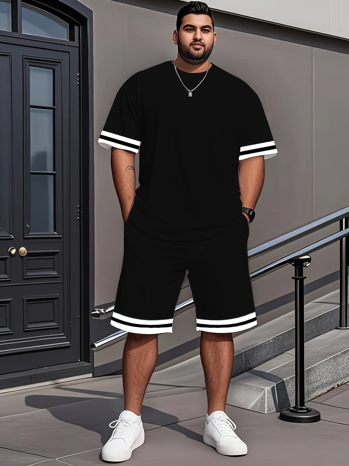 Plus-size men’s T-shirt set, casual style, crew neck, short-sleeved, shorts set