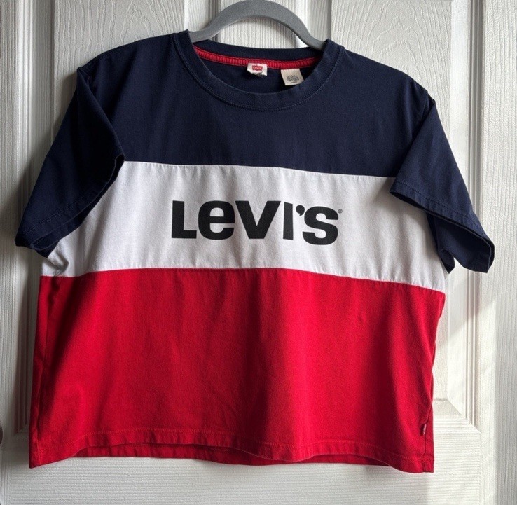 Levi's Colorblock Logo Crew Neck Crop Top Girl’s Small Navy/White/Red gallery