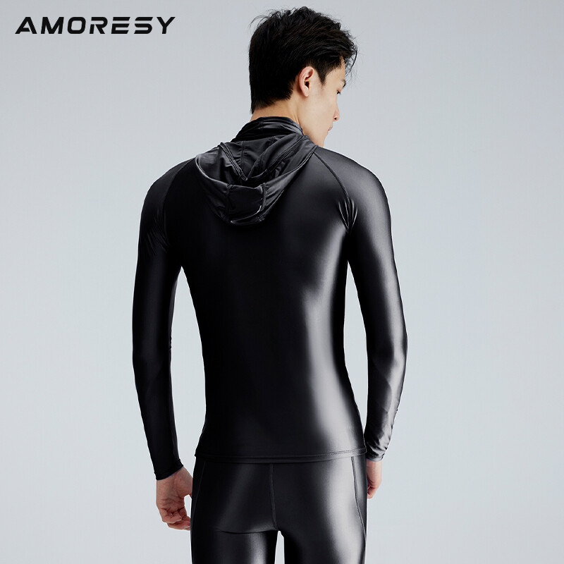 AMORESY Men Glossy Hooded Sunscreen T-shirt High Neck Long Sleeve Running Shirts gallery