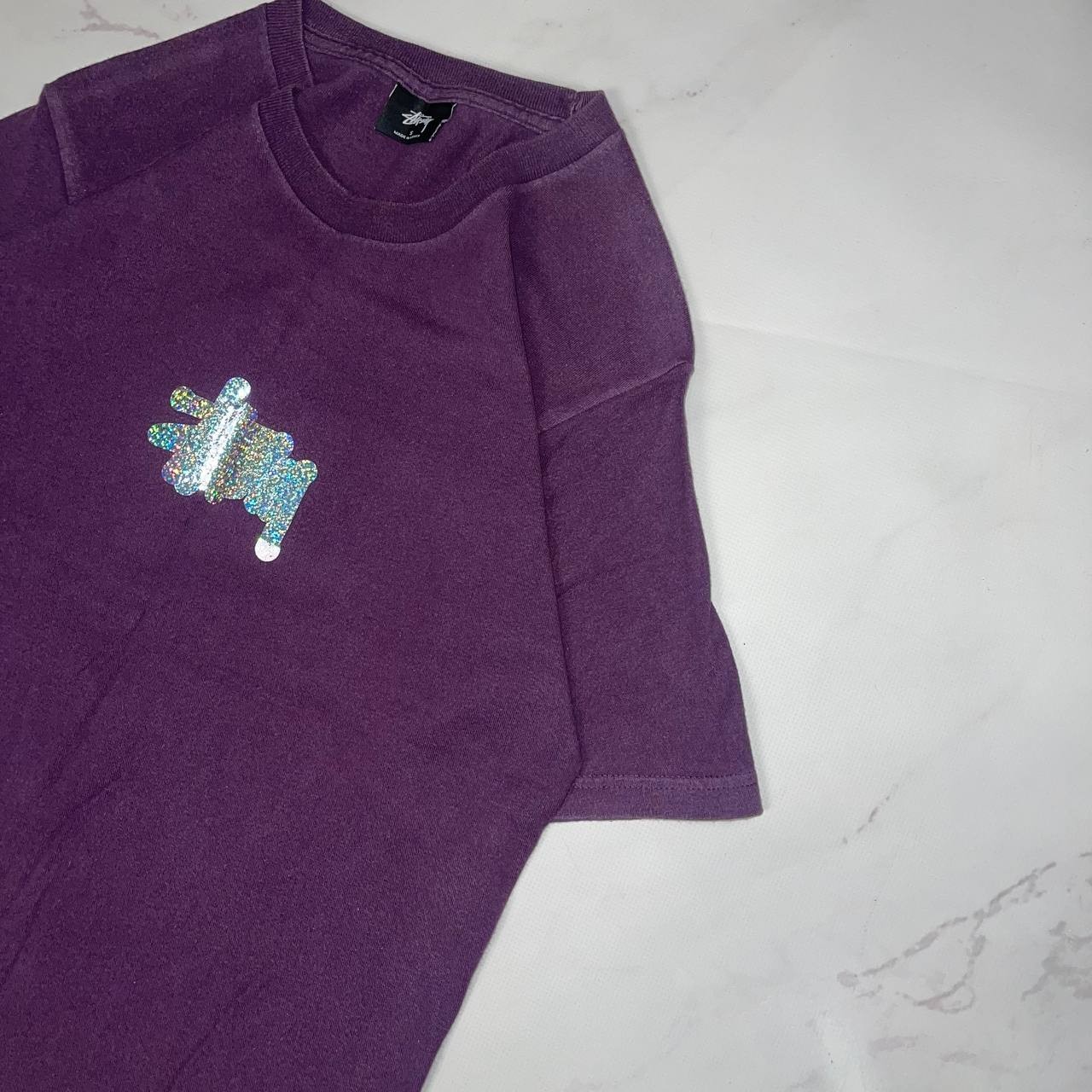 Vintage STUSSY T-Shirt Purple Glitter Logo Y2K Casual Tee Size S gallery