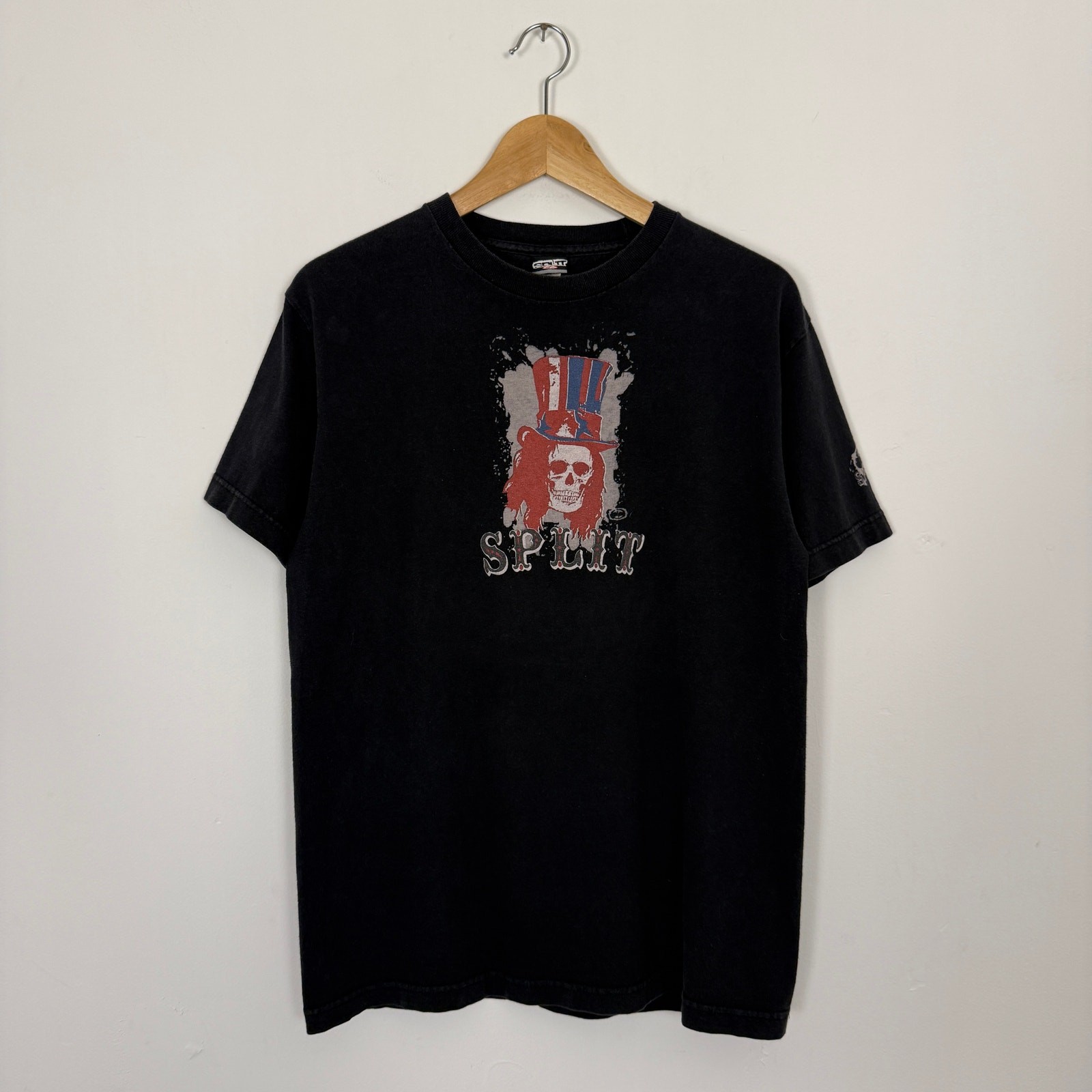 Vintage 90s Split Surf Skate Tee Shirt Skull Black Faded Medium Streetwear