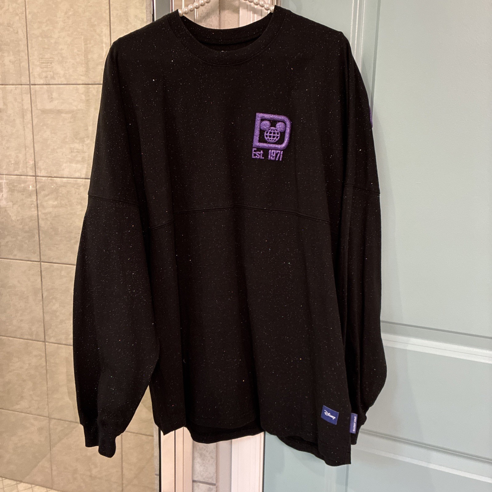 Disney 100 Years of Wonder Spirit Jersey Large Black Purple Glitter Fireworks gallery