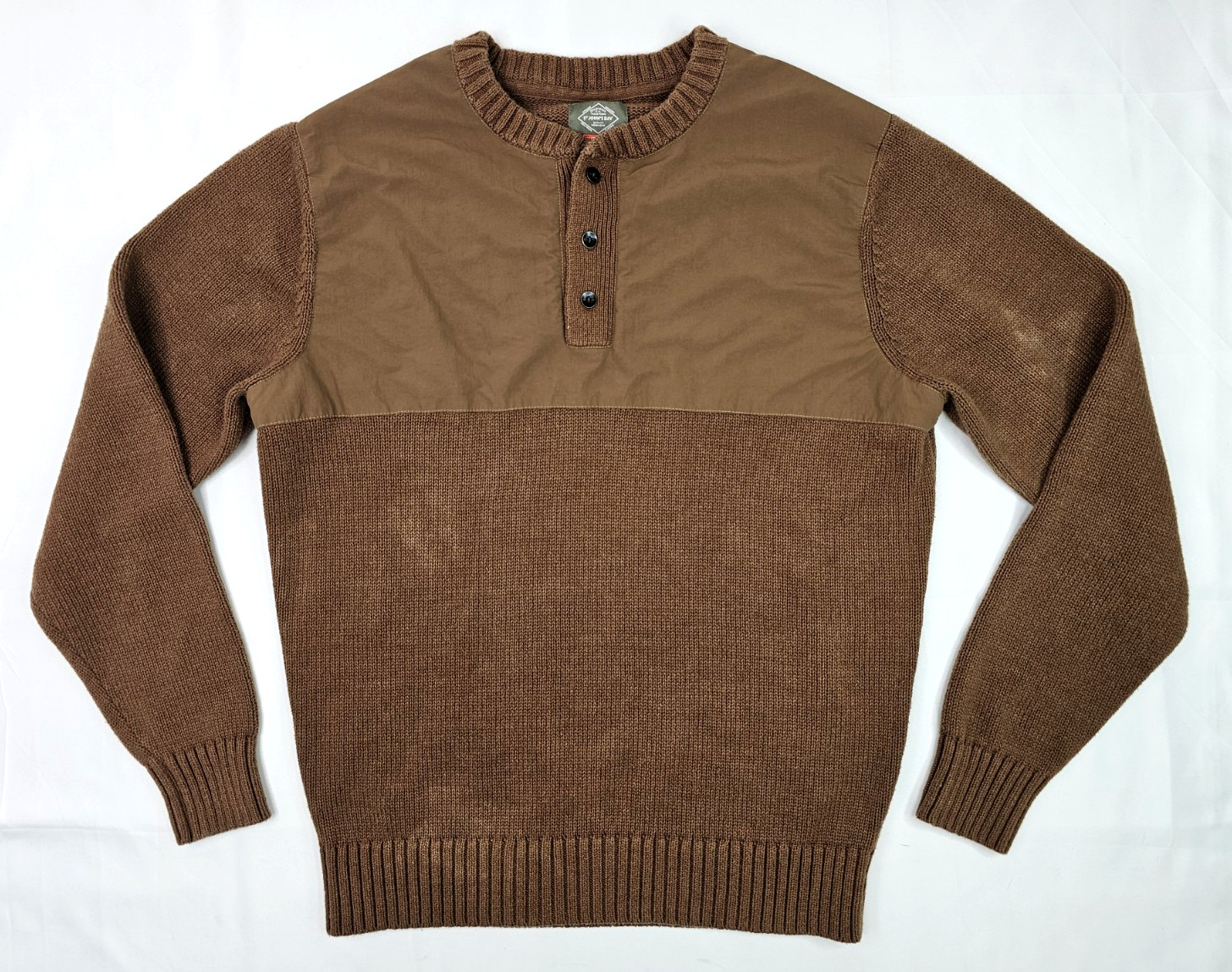 St John's Bay Outdoor Hybrid Knit w Nylon Yoke Pullover Sweater Men L Brown gallery