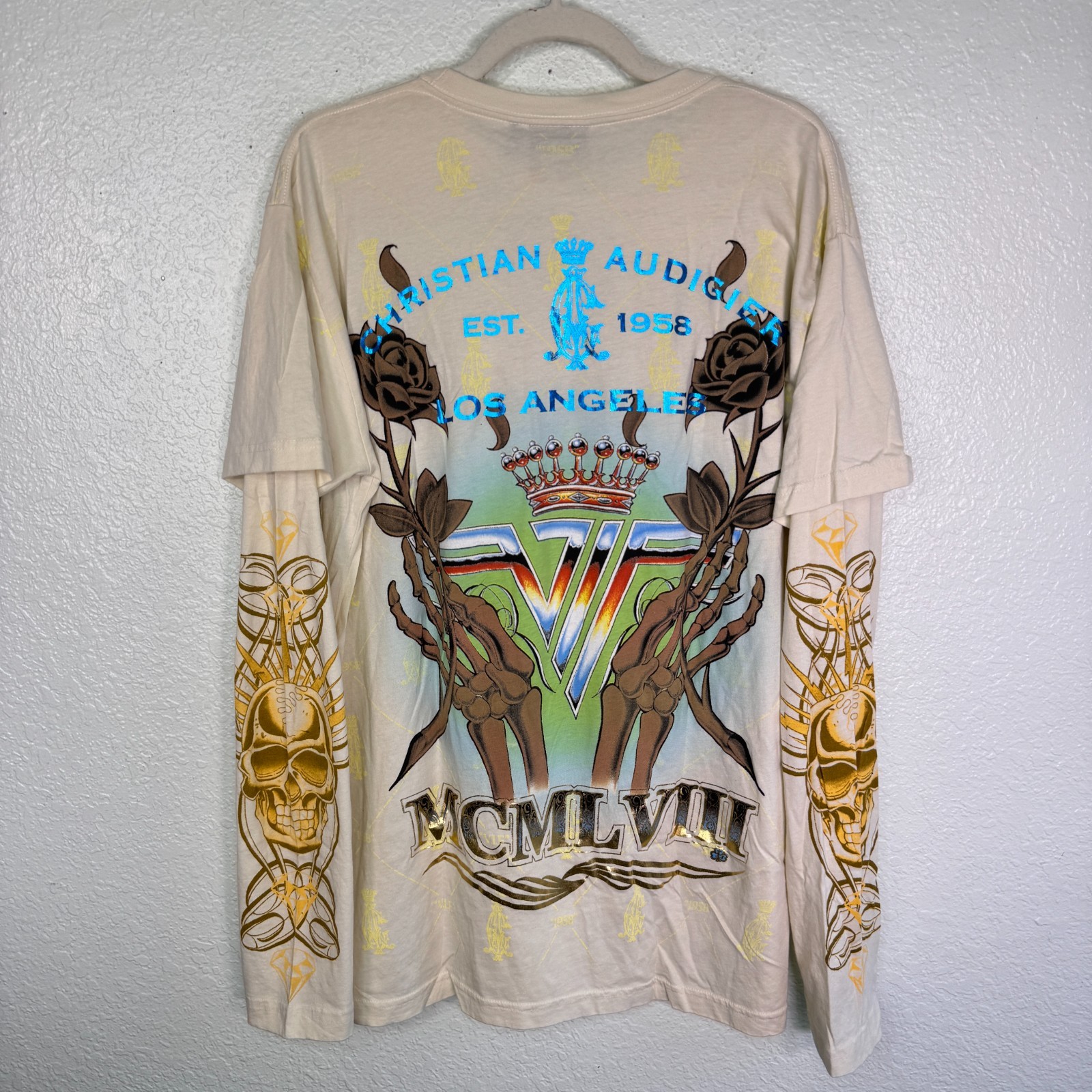 Christian Audigier Shirt Mens XL Celebrate Life 2fer Skull Rhinestone Y2K Tattoo gallery