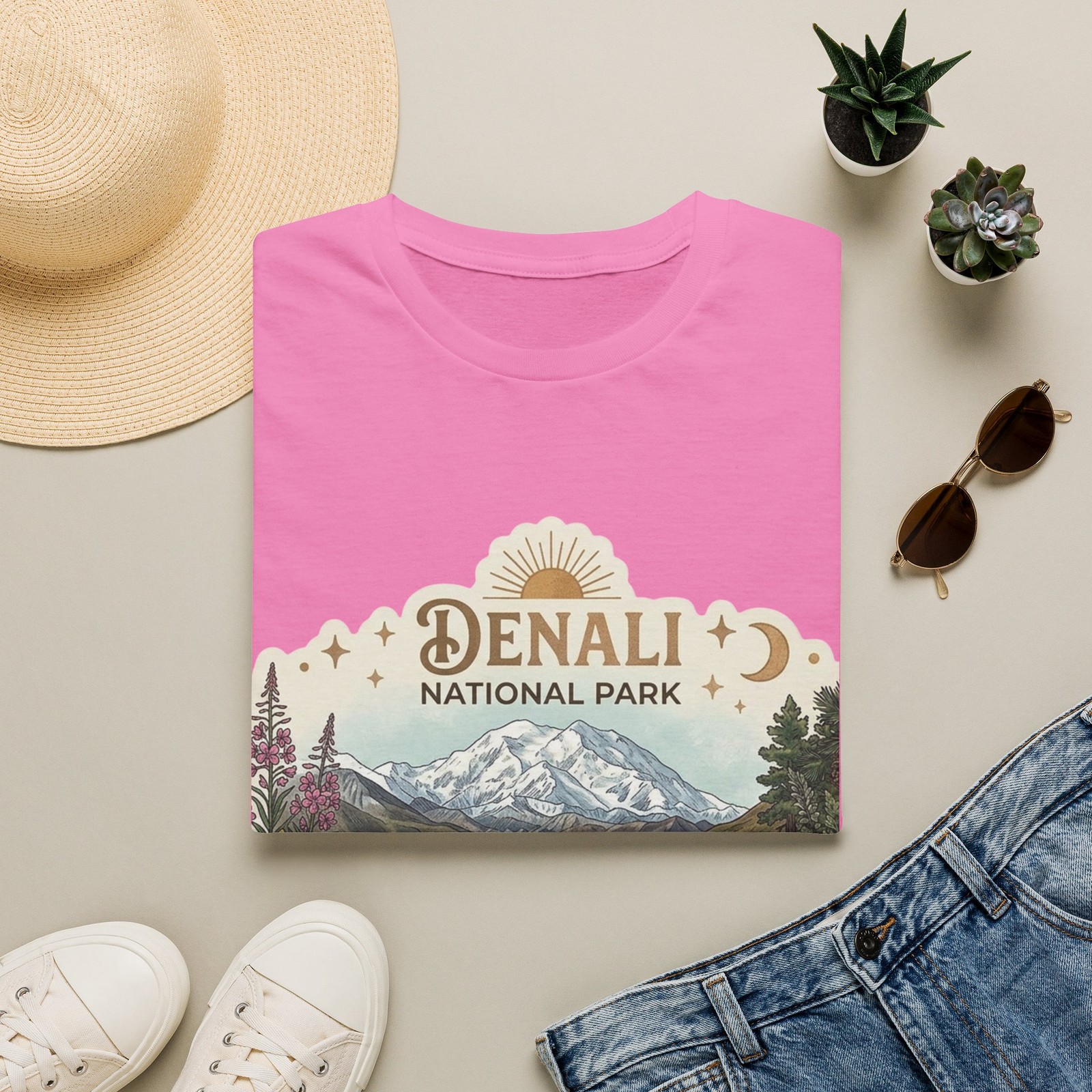 Denali National Park vintage stars and moon T-Shirt; colorful whimsical design