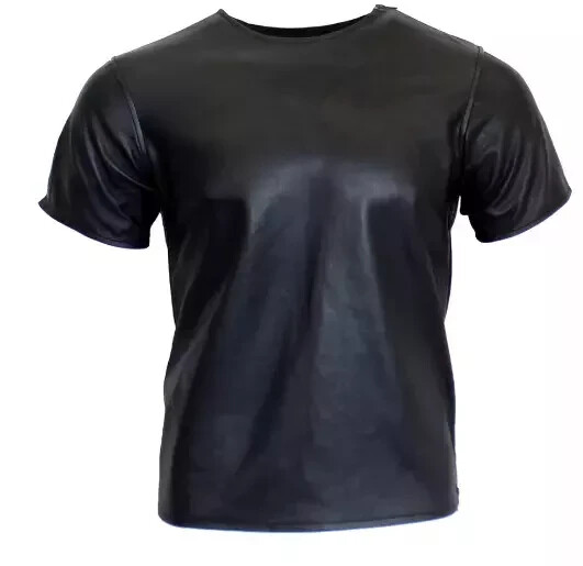 Men T-Shirt Black Stylish Handmade Lambskin Genuine Leather Casual Soft Summer gallery