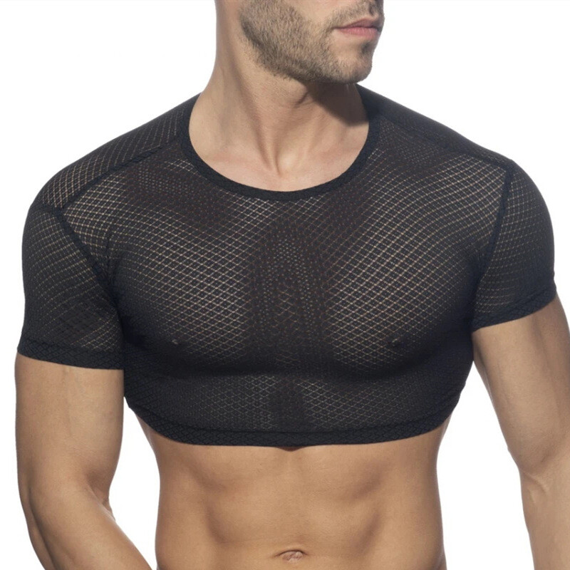 Sexy Men's Mesh Half Cut Lace T-Shirt Nylon Smooth Semi Transparent Crop Top gallery