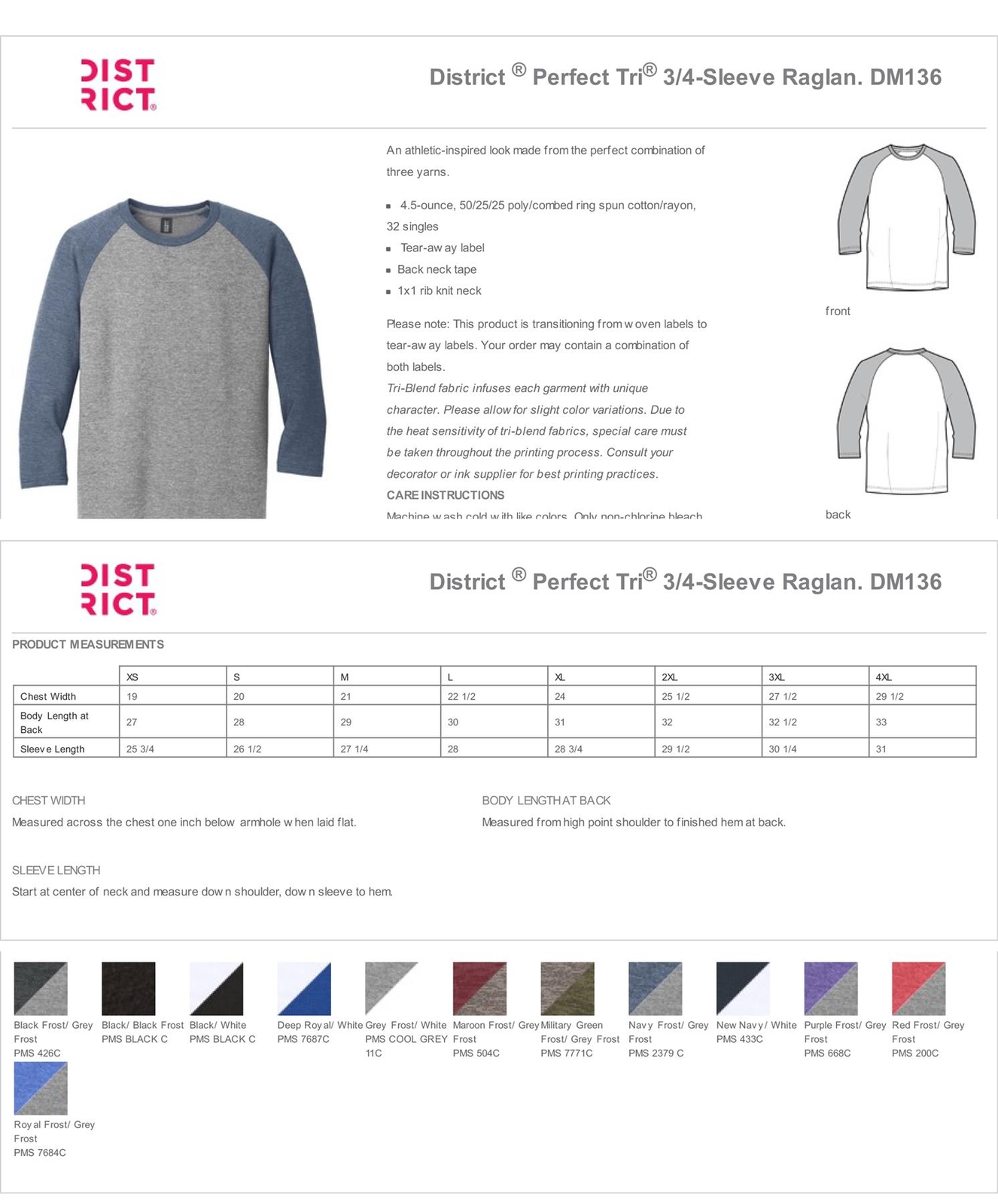 District Mens Perfect Tri T Shirt 3/4 Sleeve Raglan Stylish T-Shirt DM136 gallery