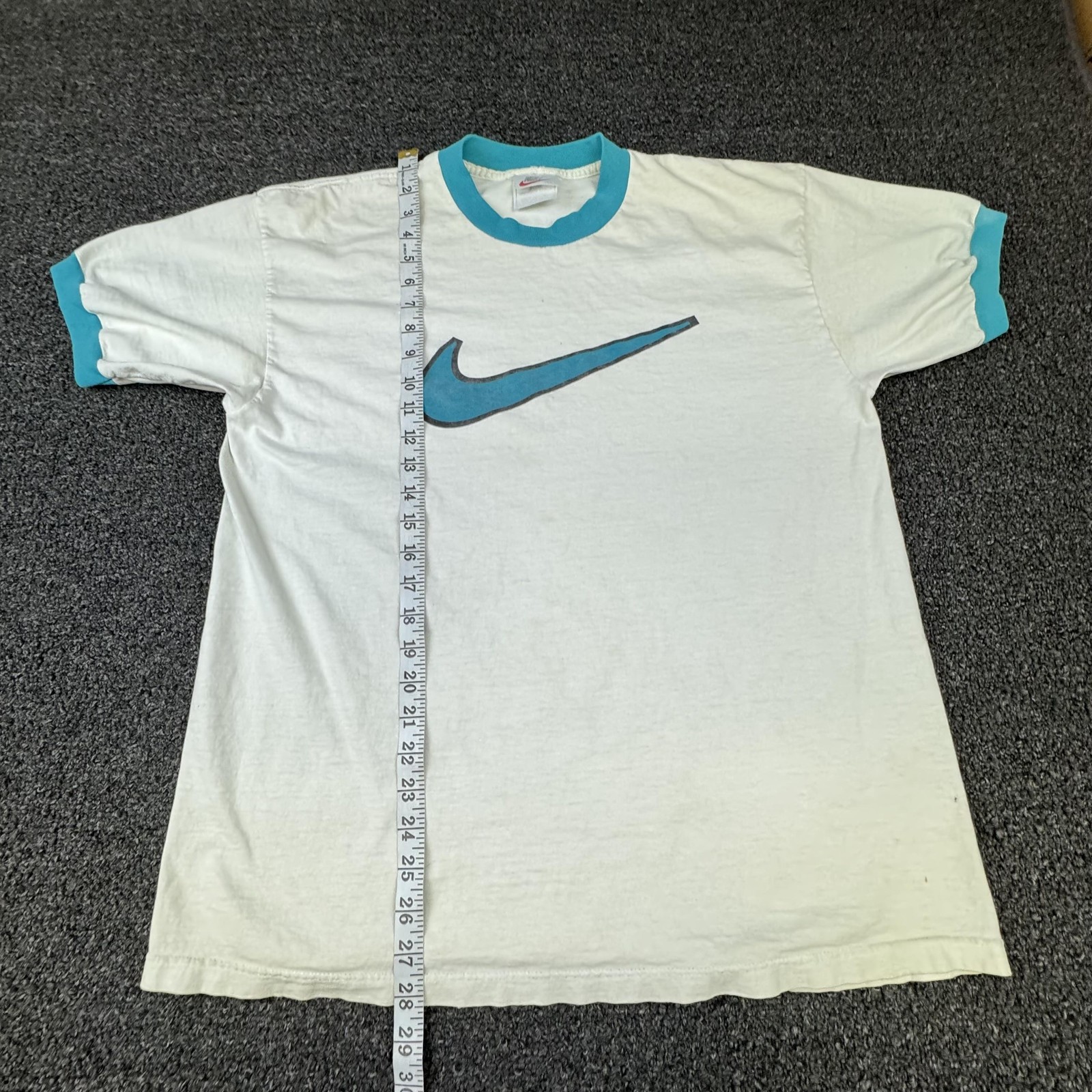 Vintage Nike Logo Shirt Mens Large White Teal Graphic Swoosh Ringer 80s 90s gallery