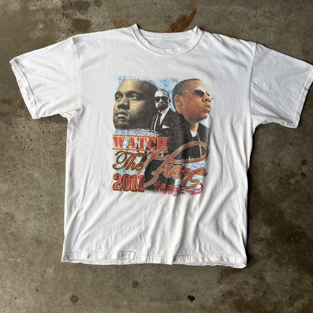 y2k 2011 watch the throne kanye west jay z parking lot bootleg white rap tee