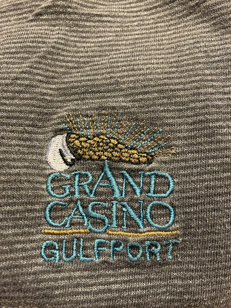 Vtg Kingstree Classic XL Gray Stripe Embroidered Grand Casino Logo T Shirt USA