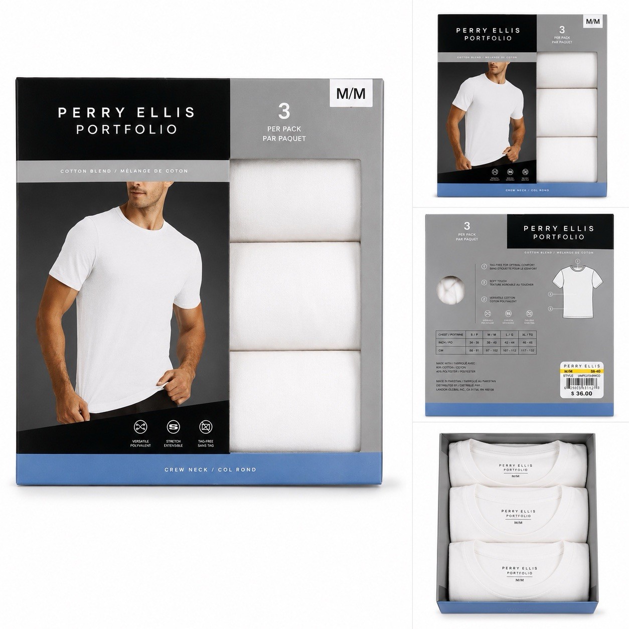 Perry Ellis Portfolio Men's Cotton Blend Crew Neck T-Shirts 3-Pack White M gallery