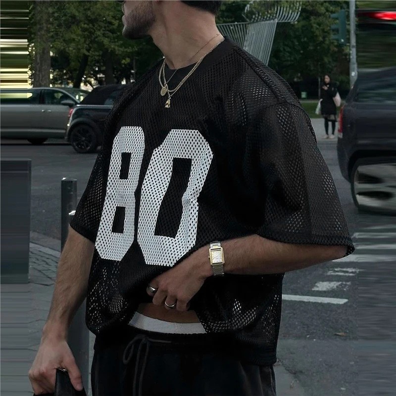 Mens Mesh 80 Jersey T-Shirt Short Sleeve Sheer Hip Hop Streetwear Oversized gallery