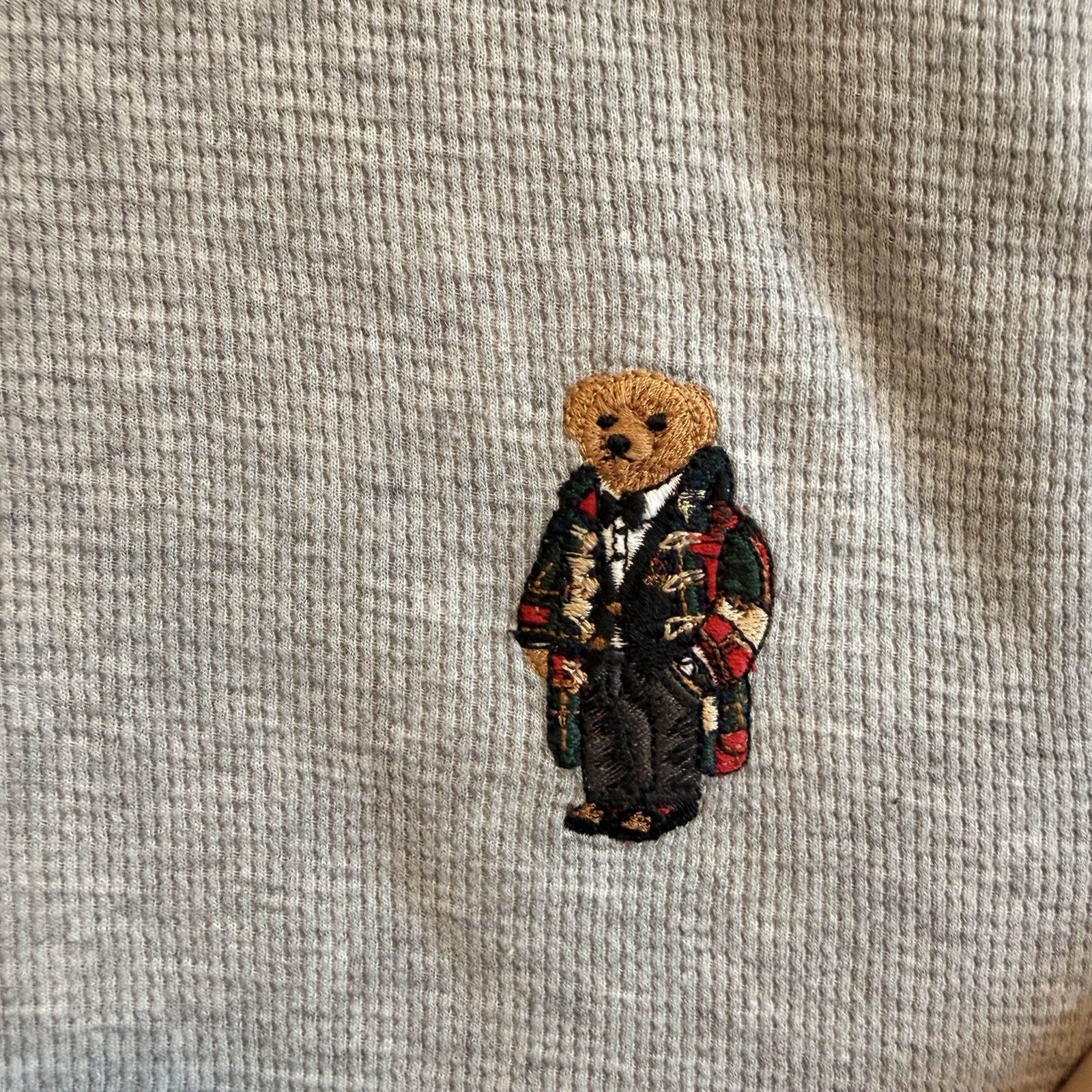 Polo Ralph Lauren Embroidered Bear Gray Waffle Thermal Long Sleeve Shirt Mens 3X gallery