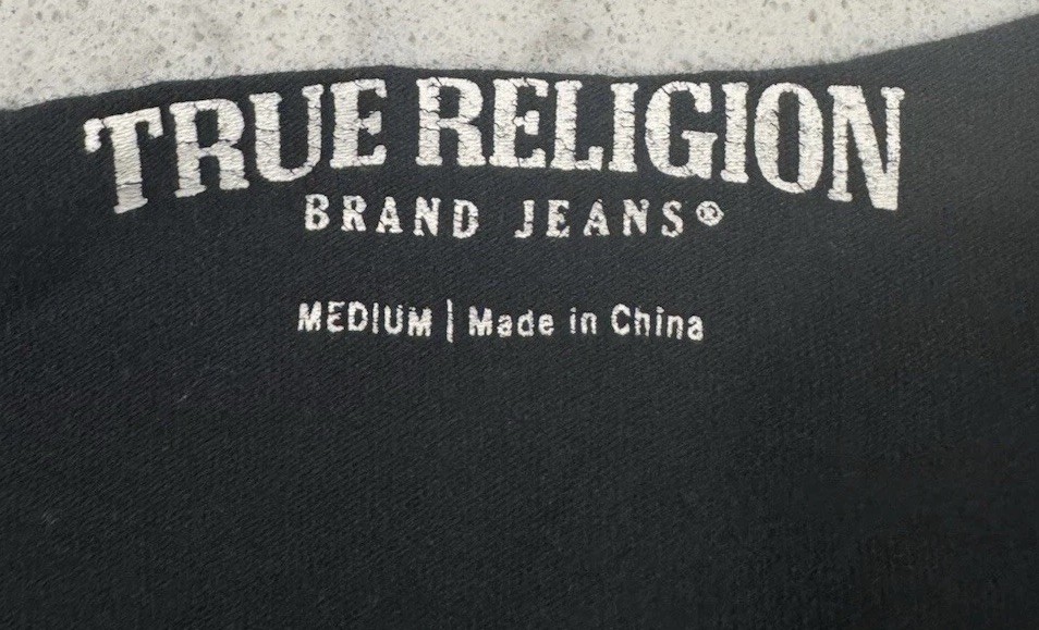 True Religion T-Shirt Mens Medium Black Gold All Over Monogram Signature Logo gallery