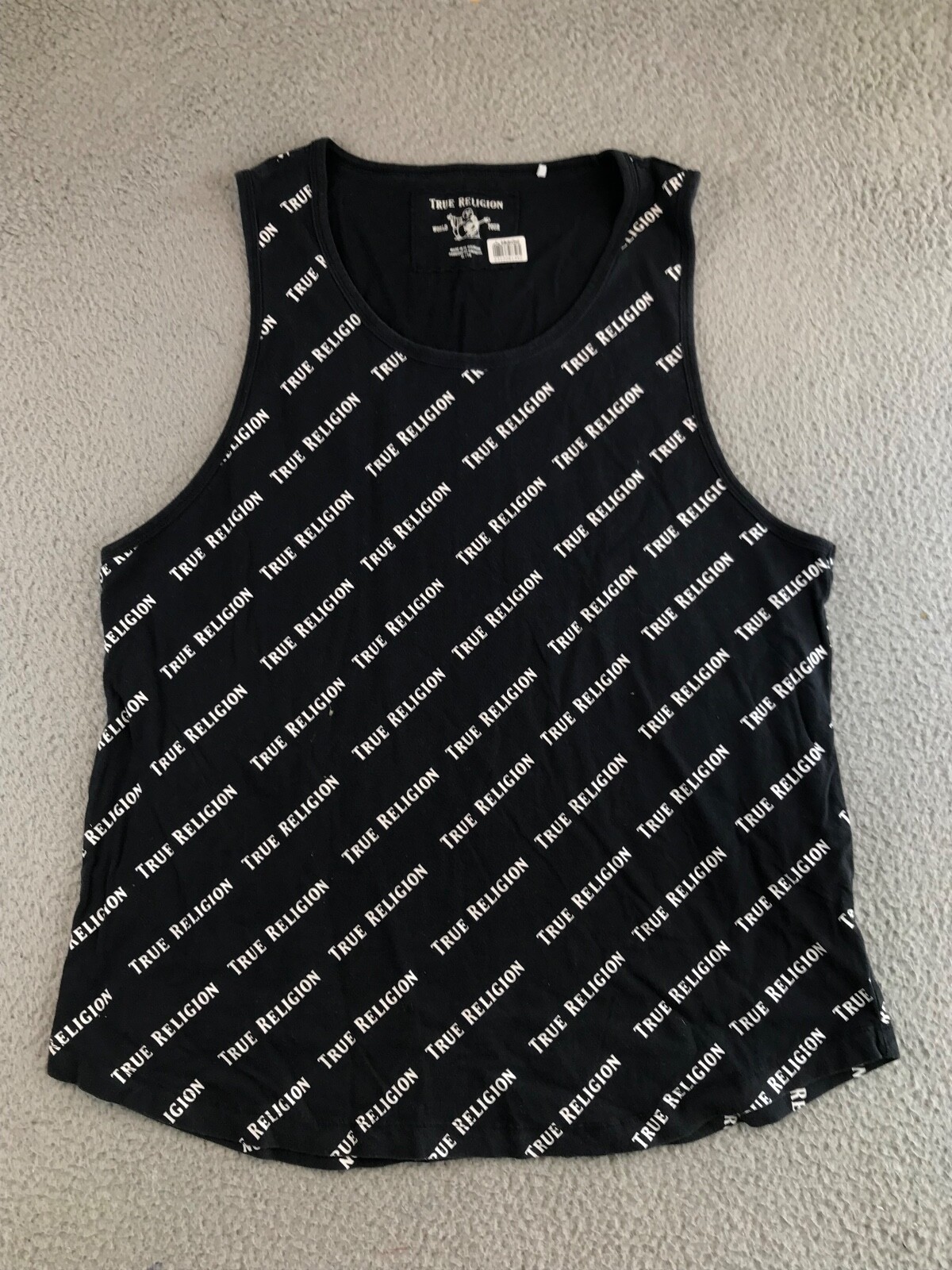True Religion Shirt Women’s XL Black Sleeveless Round Neck All Over Logo Print