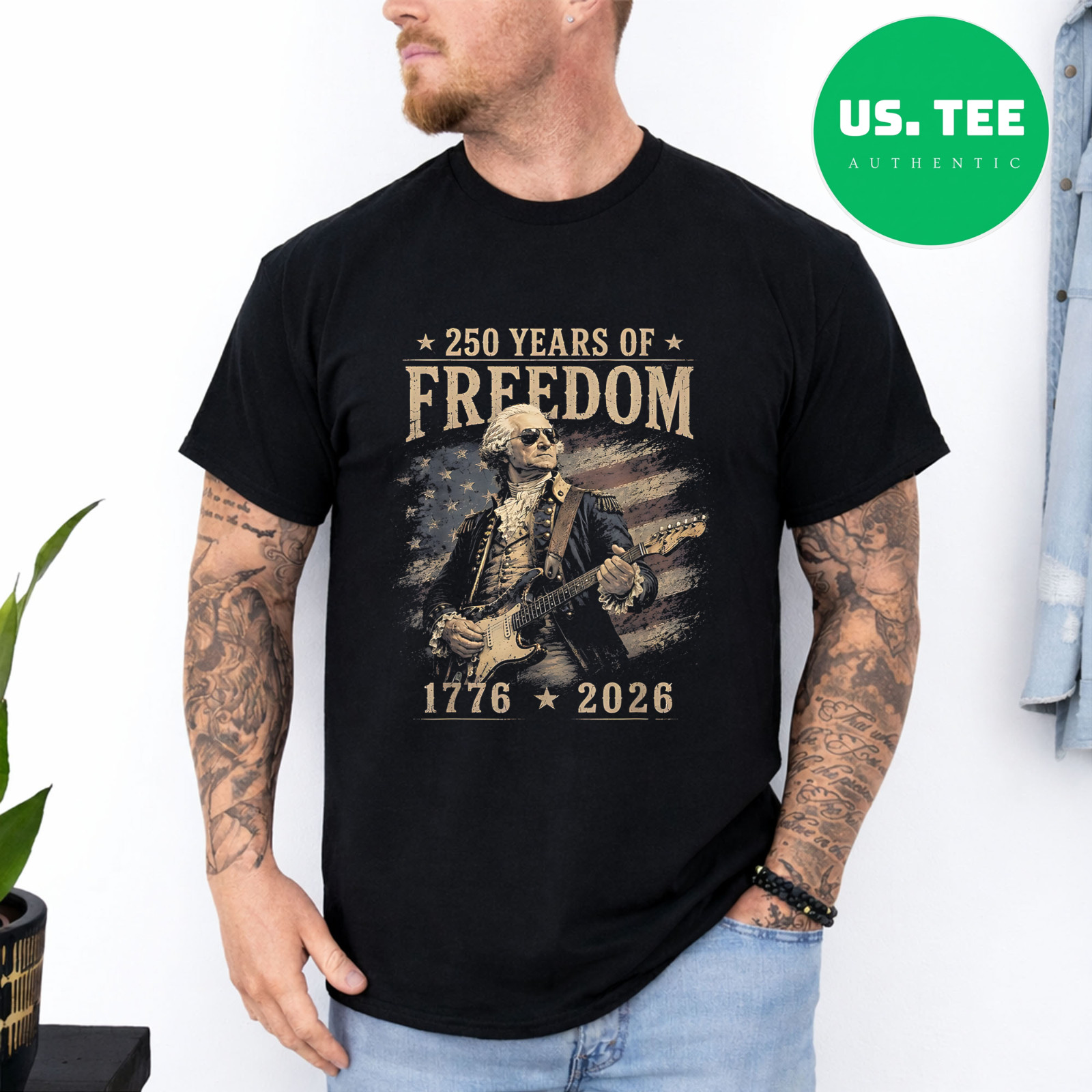 250th Anniversary George Washington Playing Guitar 4th July T-Shirt gallery