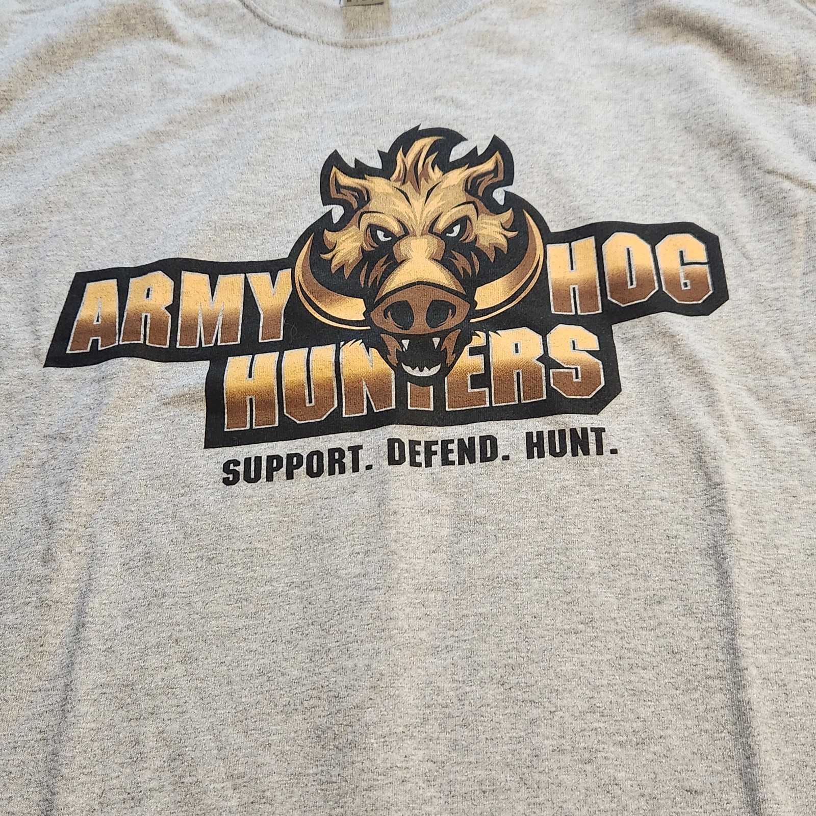 Army Hog Hunters Graphic T-Shirt Med Mens Grey Double Sided Gildan Ultra Cotton gallery