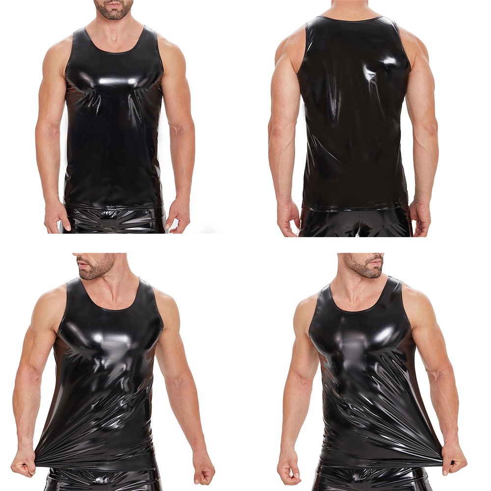 Gym Muscle Men's Sexy Sleeveless Vest T-shirt Pvc Leather Sexy Sports Club Vest gallery
