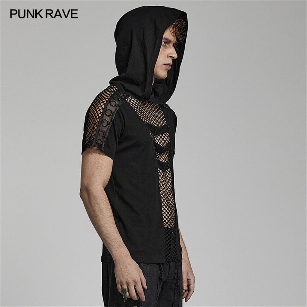 Punk Rave Black Slim Mesh Splicing Tops Sexy Knitted Hooded Cotton Men T-Shirt gallery