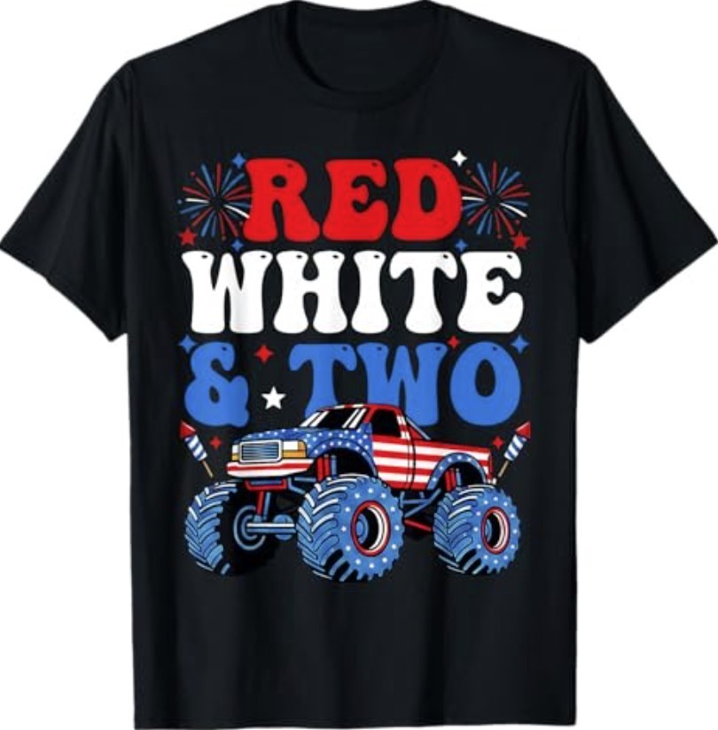 2nd Birthday Boy Monster Truck Red White and Two 4th of July T-Shirt