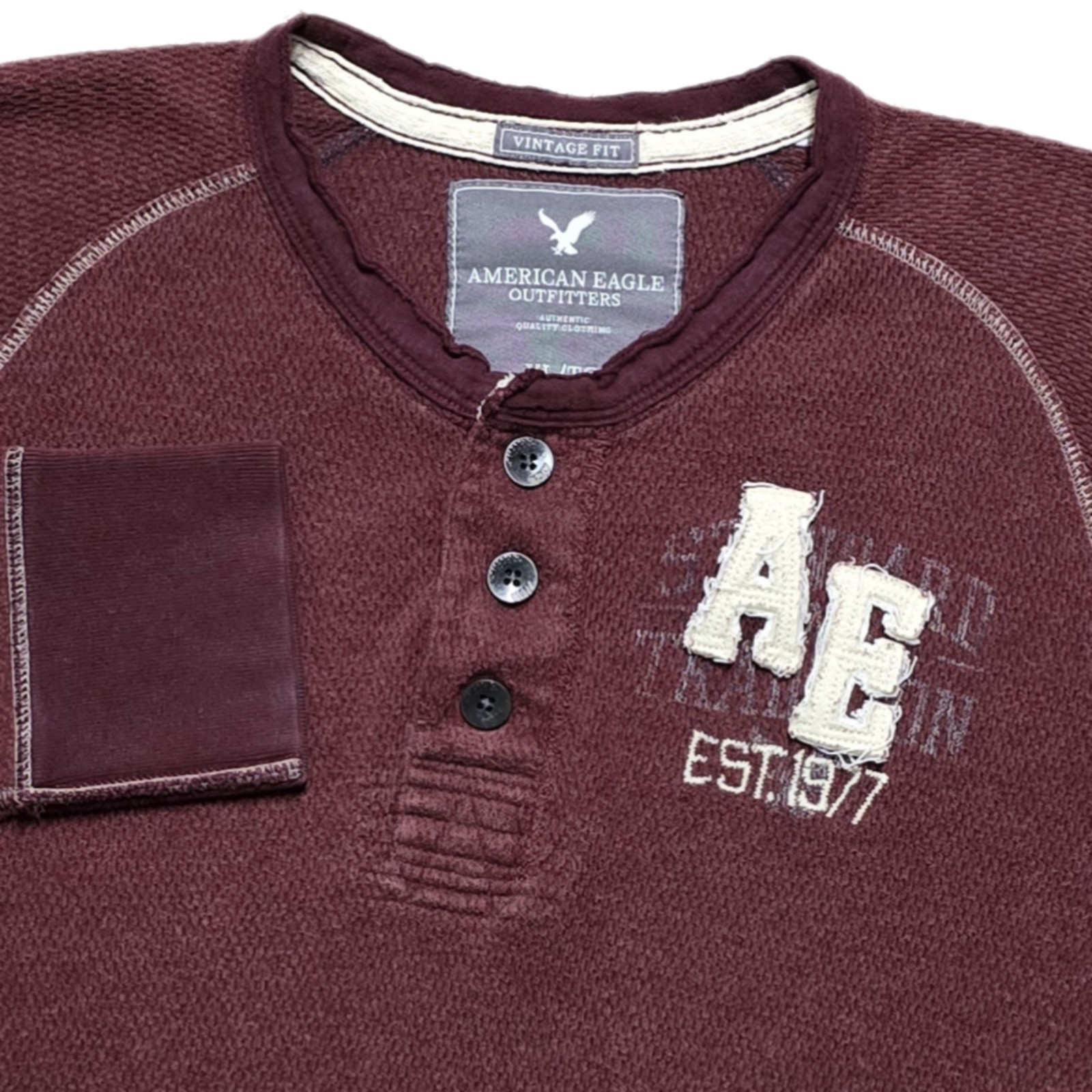 Y2K American Eagle Mens Vintage Fit Henley Waffle Knit Mens XL Maroon Mallcore gallery