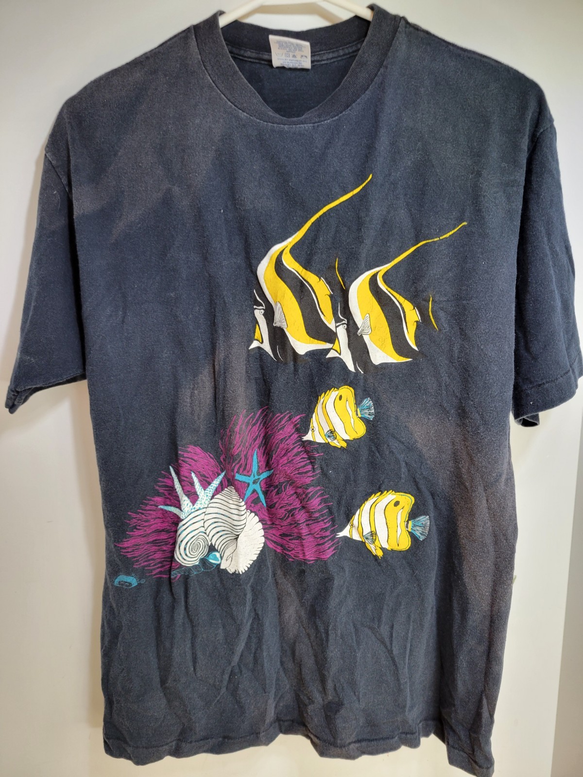 Vintage Fish Seashell Aquatic 80s/90s T-Shirt Single Stitch Angelfish Black Sz L