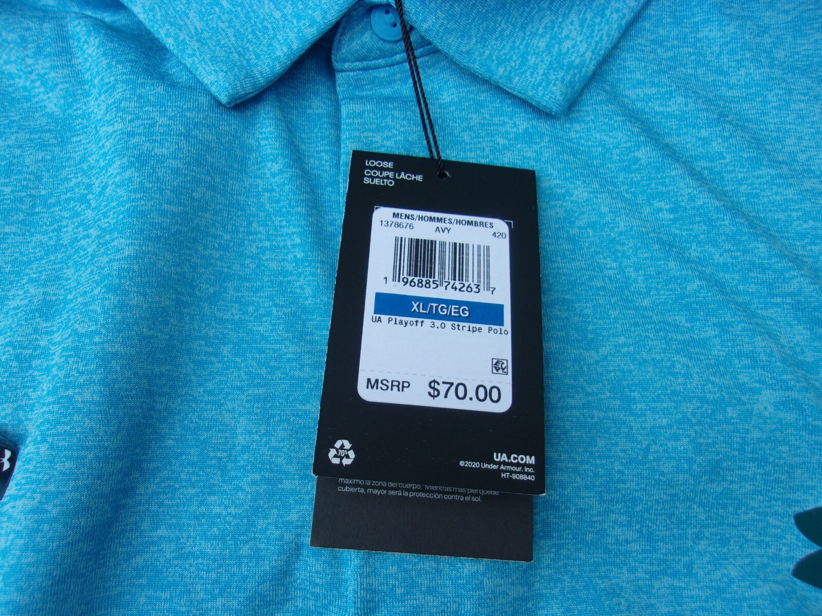 NWT Under Armour Loose Fit Playoff polo, men's L, XL, blue, bright green stripe gallery