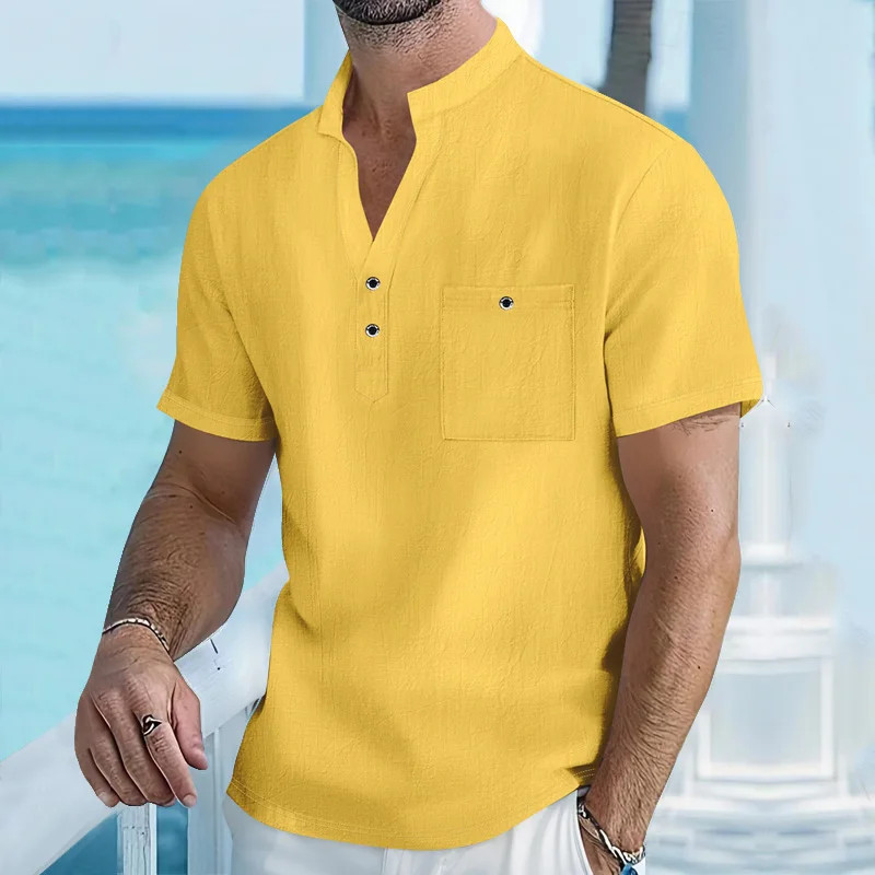 Men's Cotton Linen Henley Shirt Breathable Summer Casual Fit Tee Tshirt Fun Gift gallery