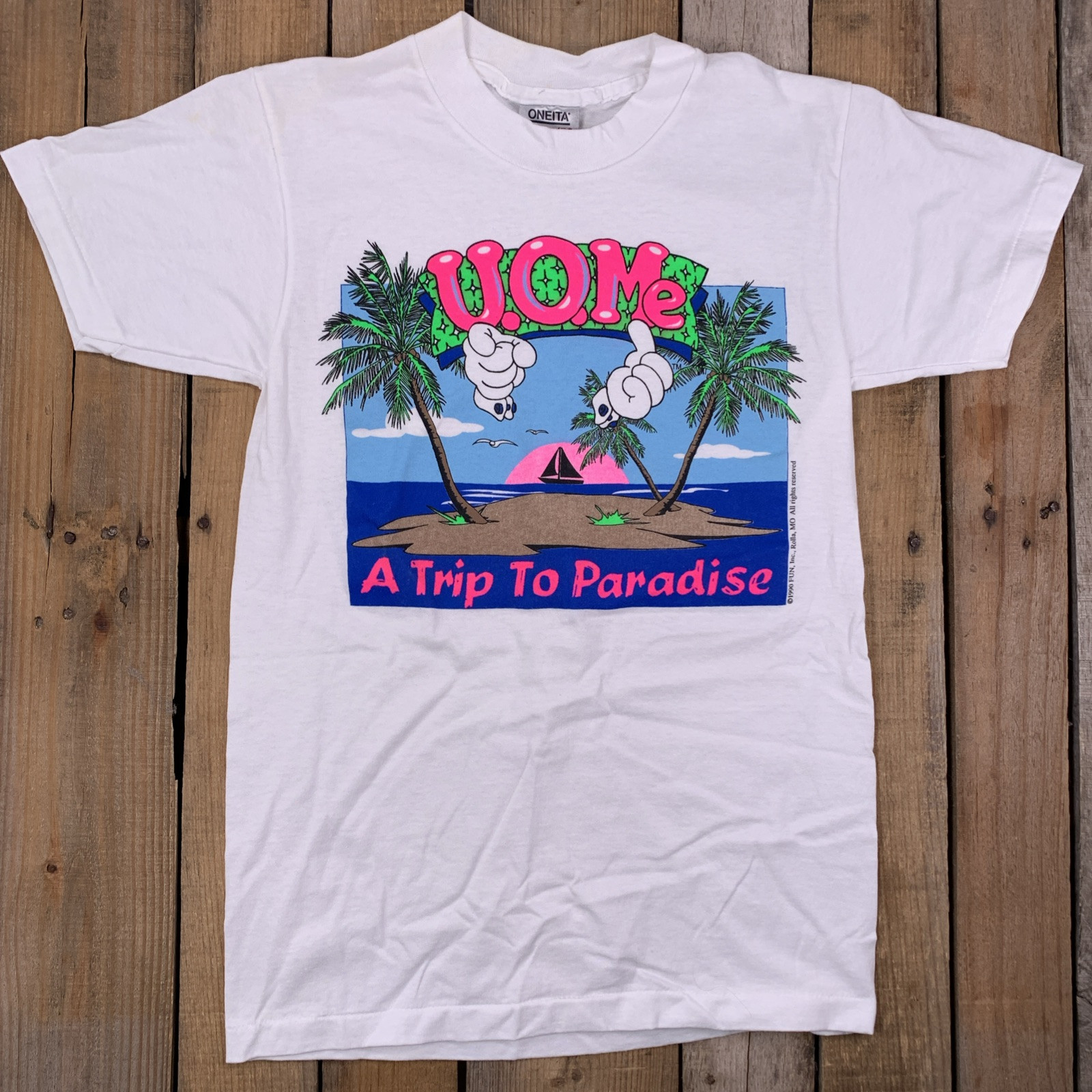 U.O.Me A Trip To Paradise Vacation Beach Ocean Vintage 1990 T-Shirt Size S gallery