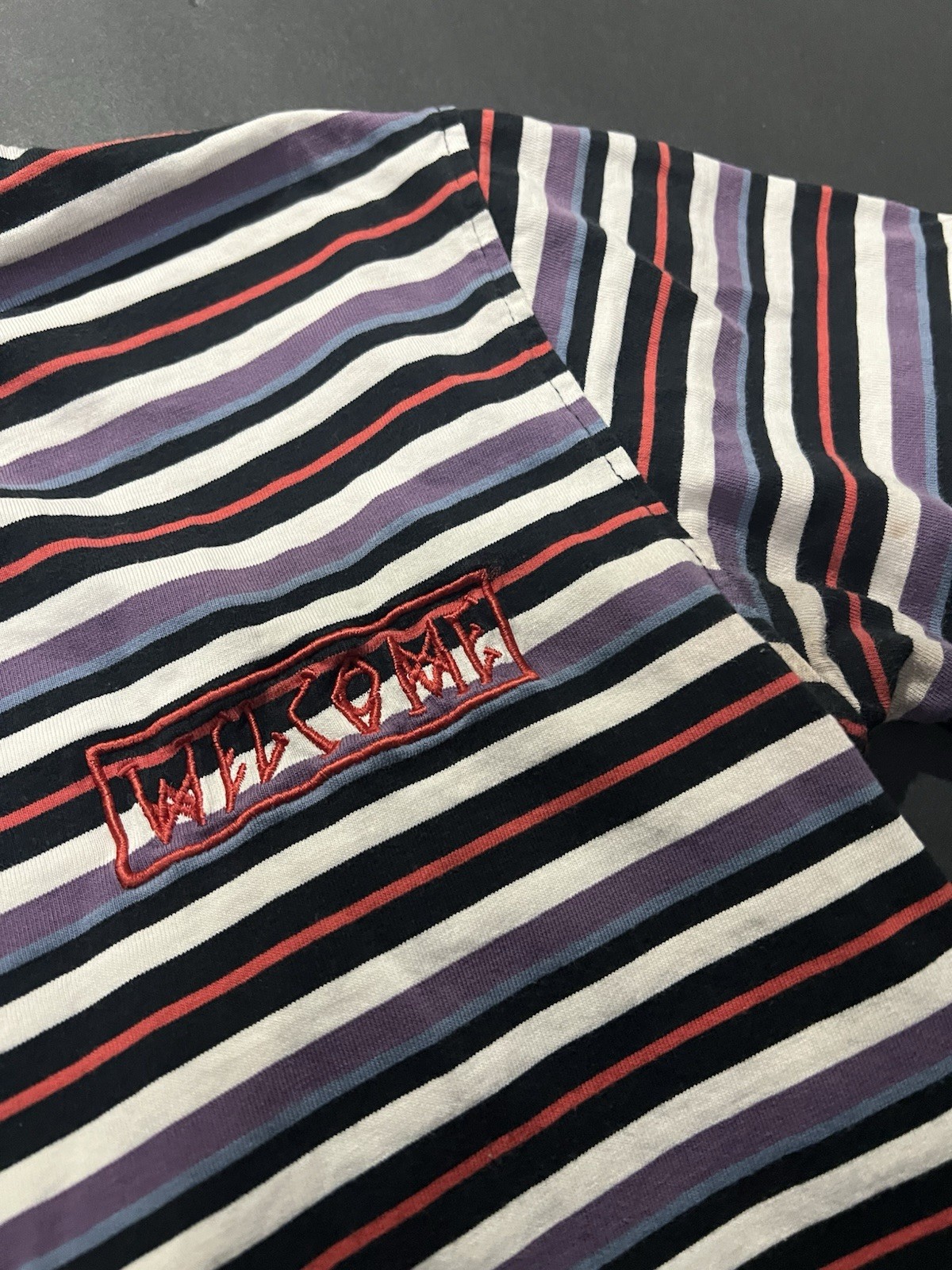 Welcome Skateboards multicoloured striped tee Size S armpit stains #skateboard gallery
