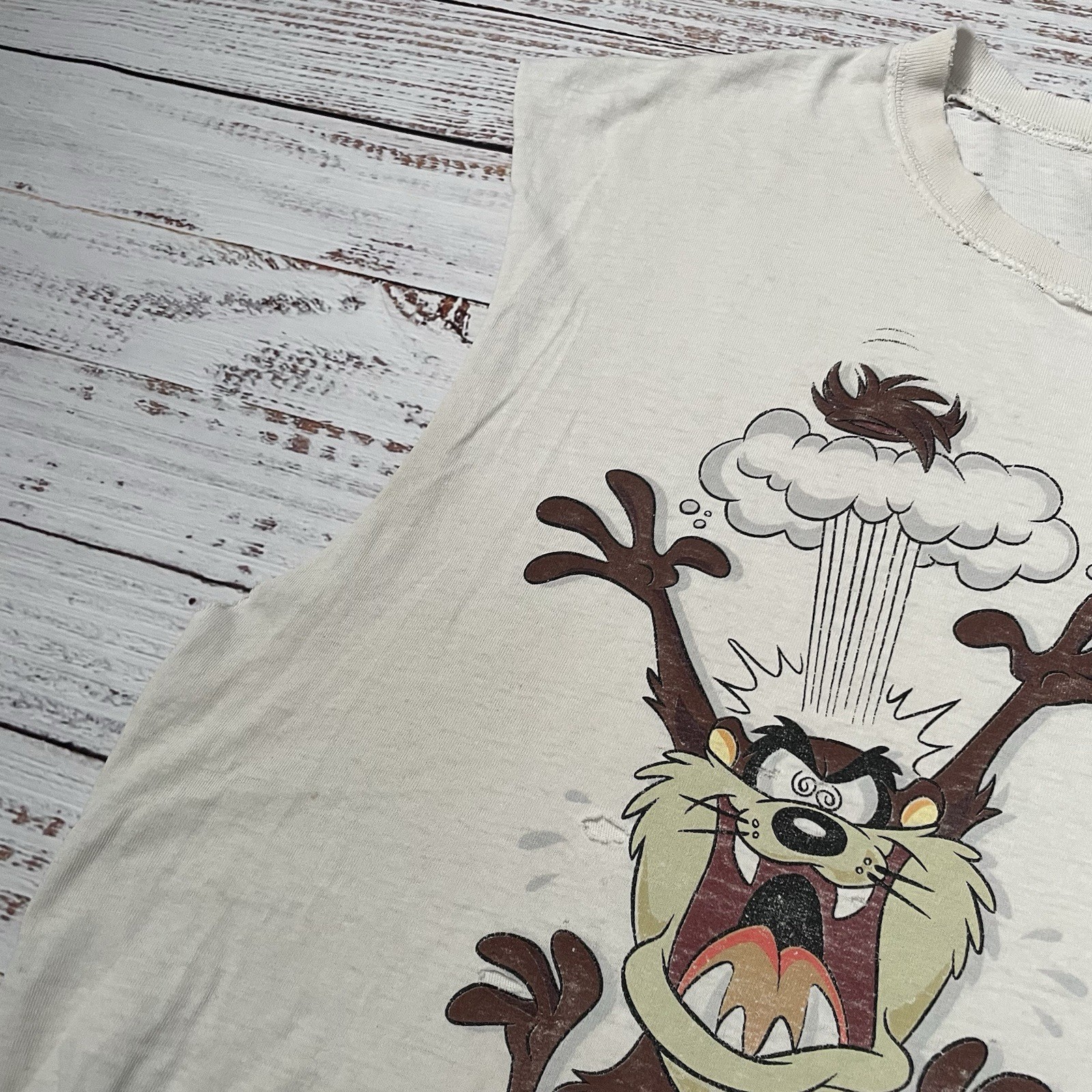Vintage 90s Taz Looney Tunes Distressed Worn Faded Cut Off White Shirt Adult 2XL gallery
